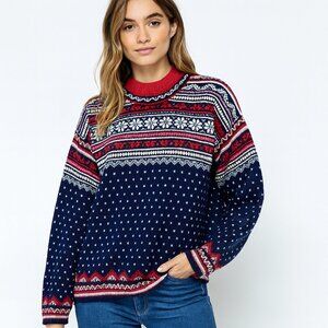 VTG Lands' End Crew Neck Fair Isle Nordic 100% Wool Snowflake Sweater Size 6-8